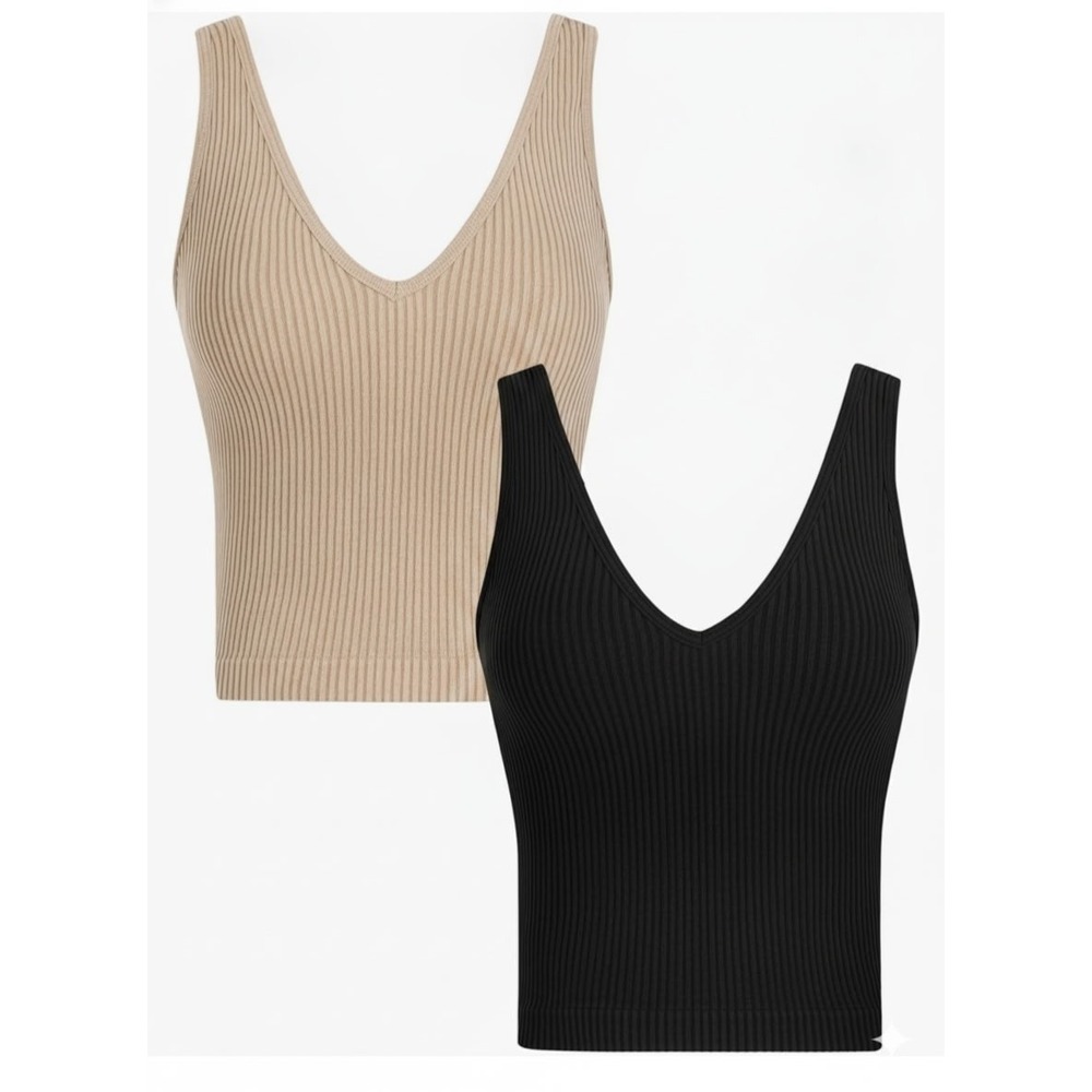 Lemon Sky 2 Pack Ribbed Seamless V-Neck Crop Tank Tops Black Beige SMALLRD-T01‎